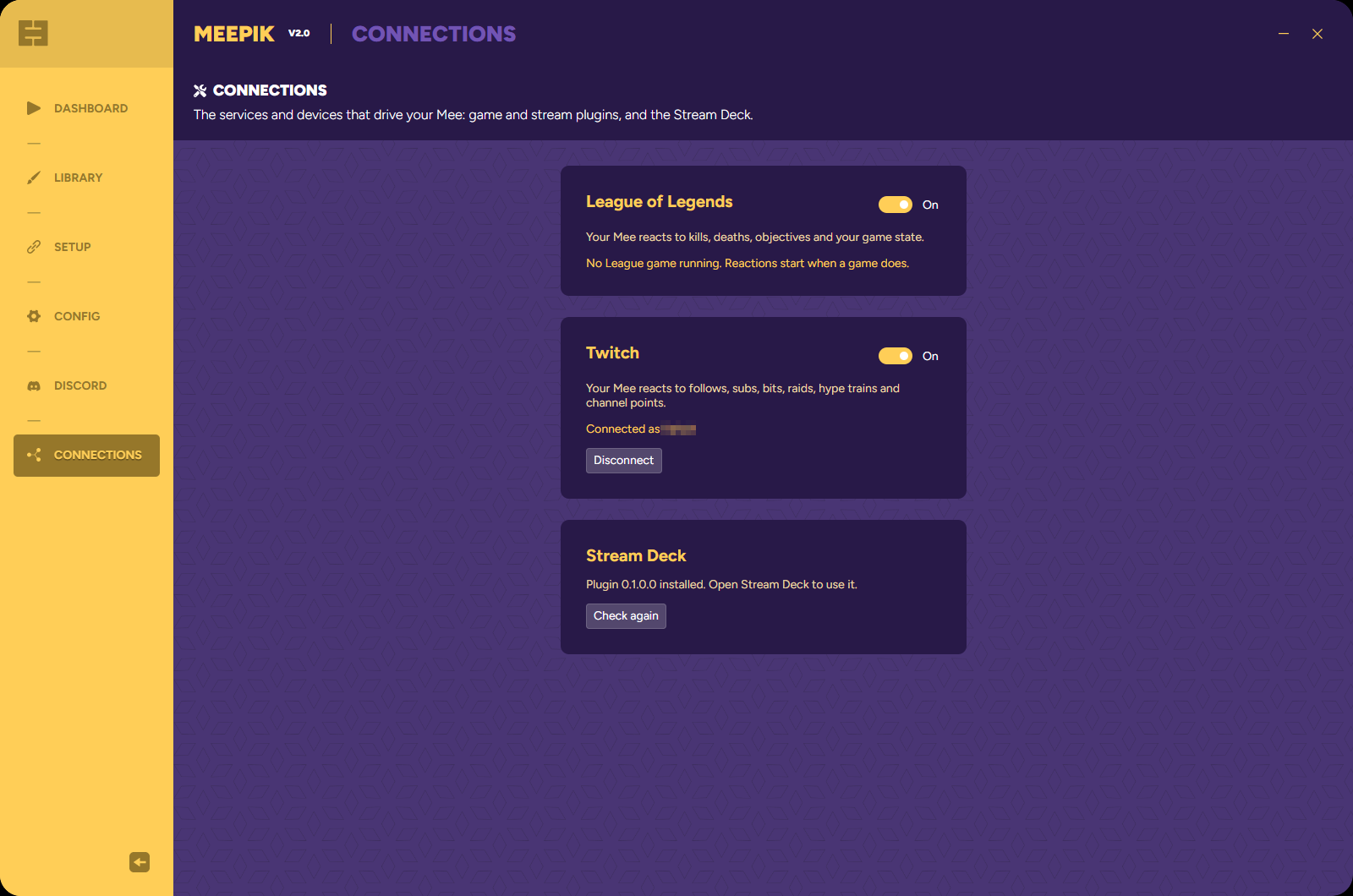 The Connections page with the League of Legends, Twitch and Stream Deck cards