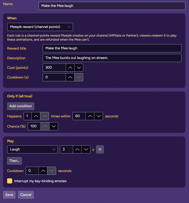 A Meepik reward rule: title, description, cost and cooldown, then what plays