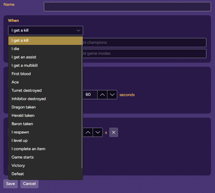 The When menu open in a new rule, listing League moments