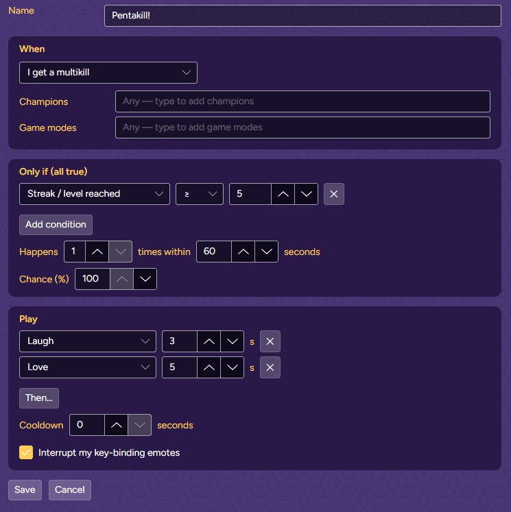 The finished Pentakill! rule in the editor