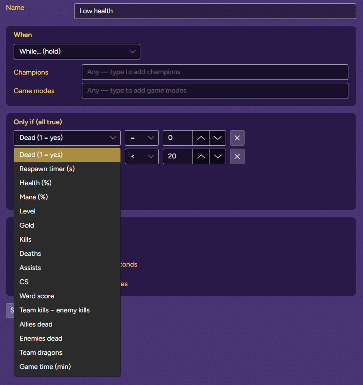 The number menu of a condition, listing League numbers