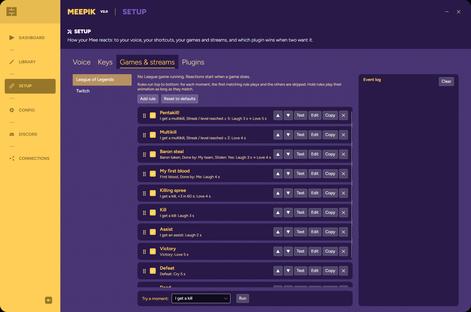 The League of Legends rule list in Setup, Games & streams