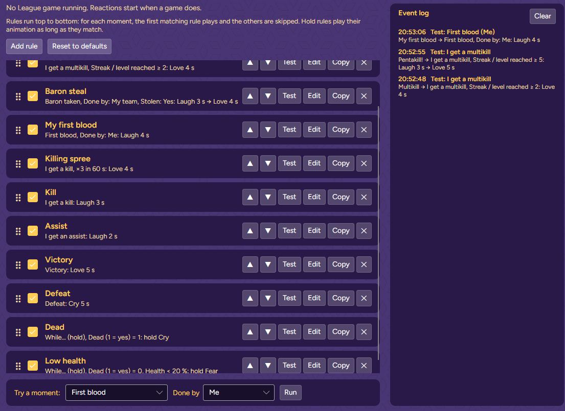 Try a moment set to First blood, Done by Me, with the event log showing what played