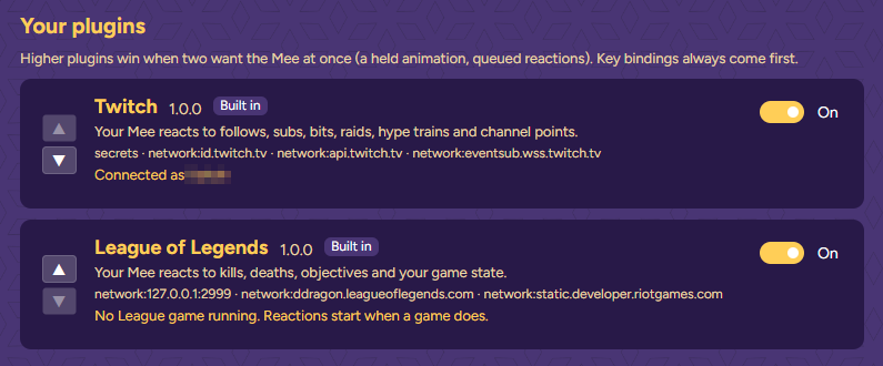 The Plugins tab with Twitch above League of Legends