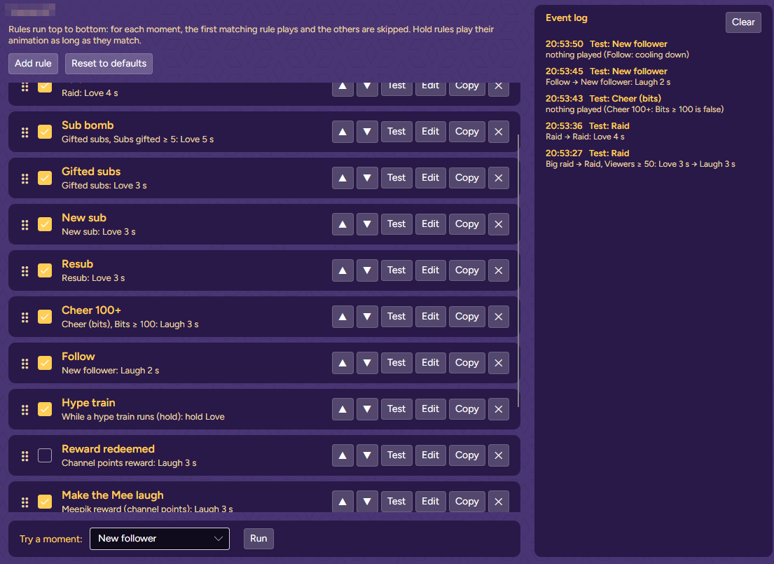 The Twitch rule list with the event log after five test moments