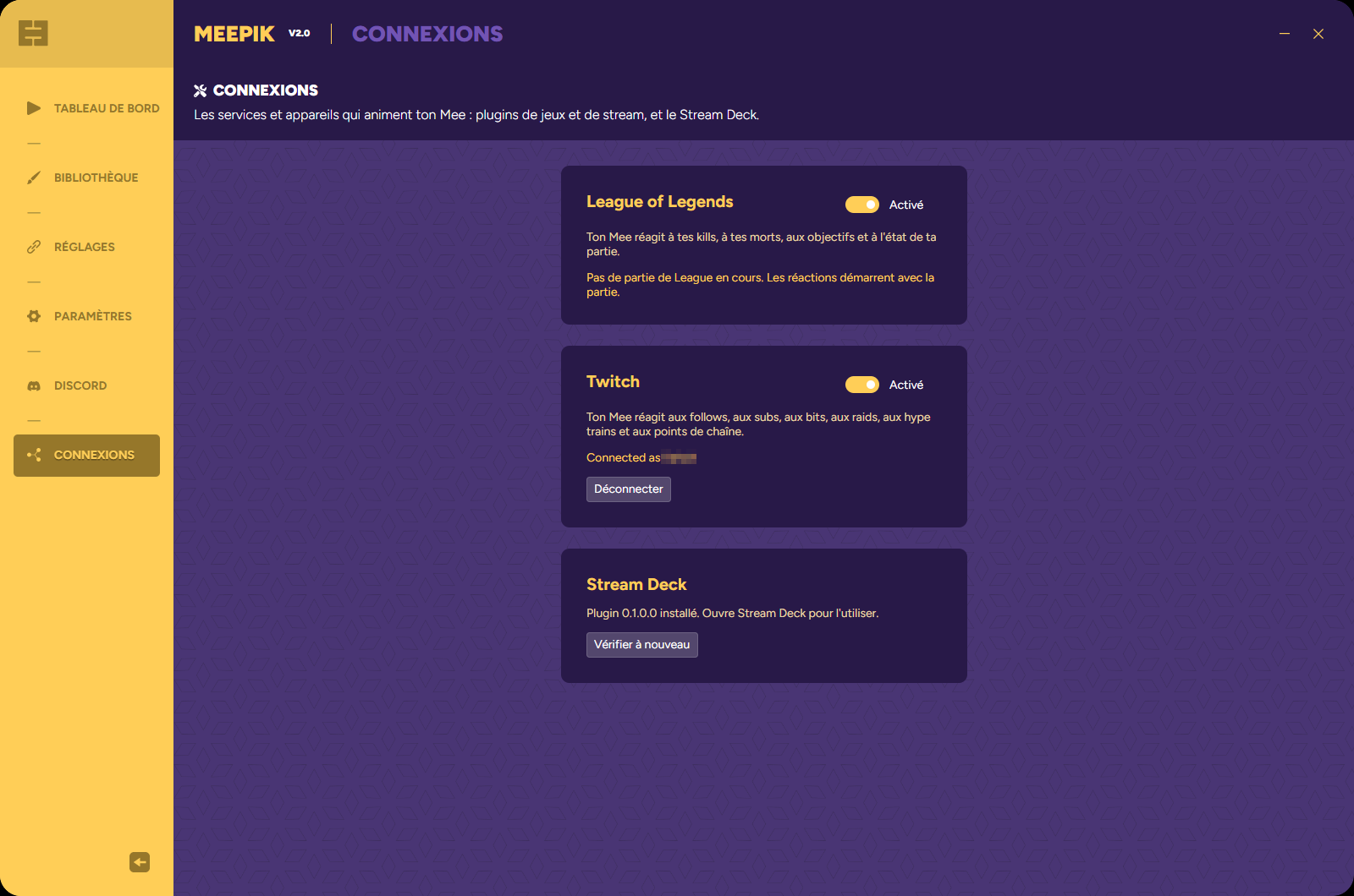 La page Connexions avec les cartes League of Legends, Twitch et Stream Deck