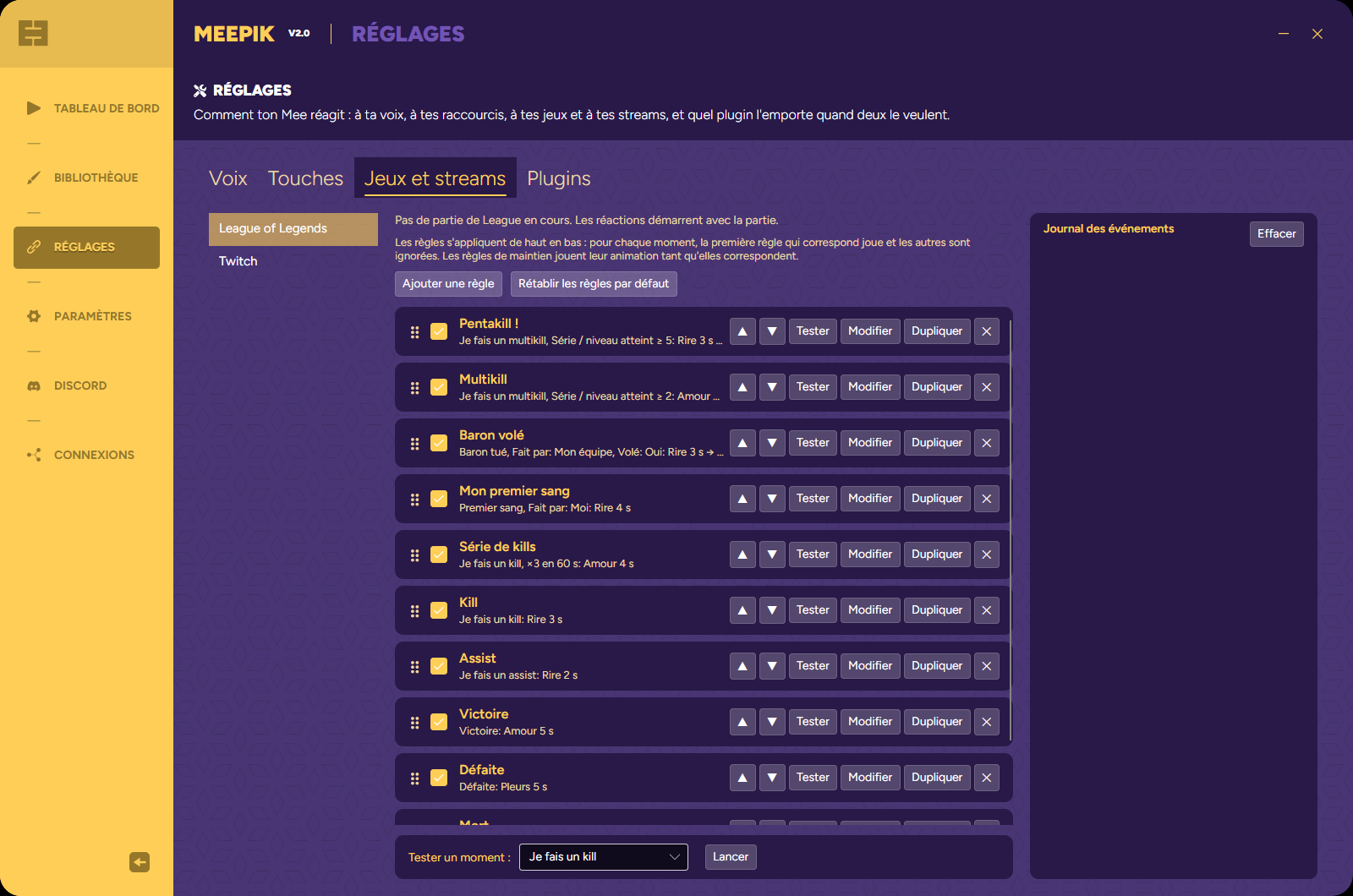 La liste des règles League of Legends dans Réglages, Jeux et streams