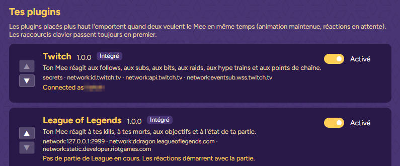 L’onglet Plugins avec Twitch au-dessus de League of Legends